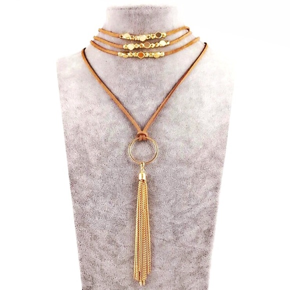 Jewelry - Tan Suede & Gold Beaded Choker Tassel Necklace